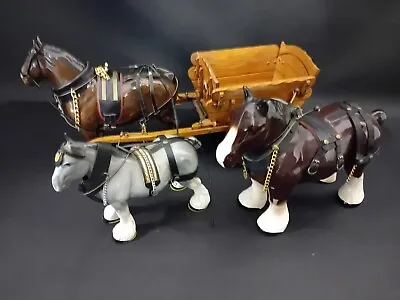 Buy 3 Shire Horses & 1 Cart, Beswick Horse, Melba Ware, Ornaments, Collectables • 49.99£
