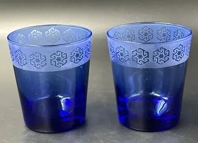 Buy Anchor Hocking Cobalt Blue Frosted Geometric Etched Top Rocks 8 Oz Glasses 2 • 10.37£
