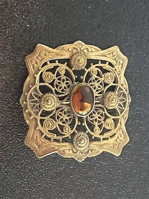 Buy Antique Victorian Brass Amber Stone Brooch • 19.73£