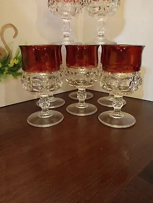 Buy Vintage Set Of 8 Kings Crown Thumbprint Cranberry Flash 7 Oz Glass Water Goblets • 48.14£
