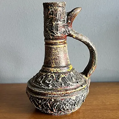 Buy Vintage Brutalist Pottery Textured Vase West German? Italian? Handled Fat Lava • 22£
