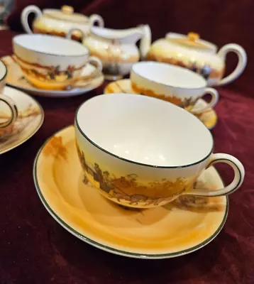 Buy Antique Royal Doulton England COACHING DAYS 13-Piece Tea Set Yellow Coach Horses • 96.29£