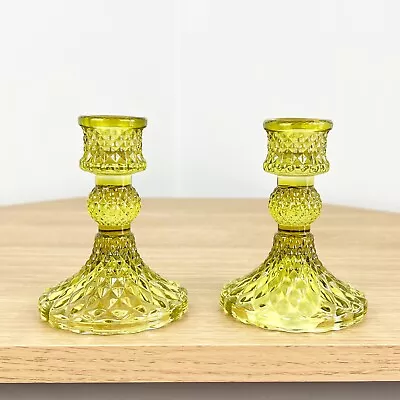 Buy Candle Holders Set Of 2 GREEN Glass Vintage Small Tapered Stick Wedding Table • 13£