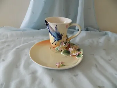 Buy FRANZ Porcelain Cup & Saucer Blue Butterfly & Purple Flowers FZ01670 China • 62.44£