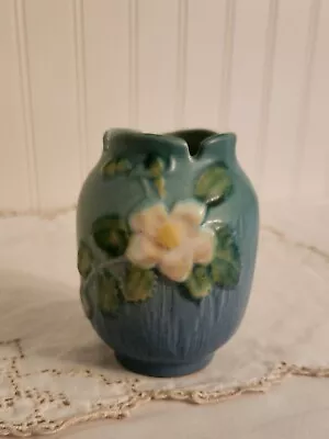 Buy Roseville Pottery Vintage 1940's Blue White Rose Vase 978-4  Notched Rim • 28.91£