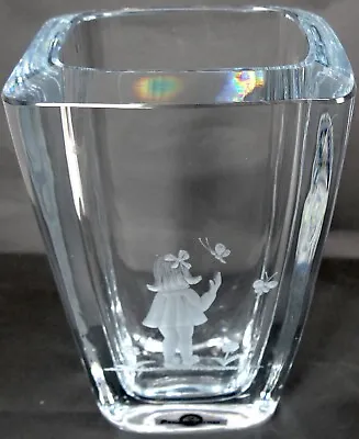 Buy Strombergshyttan Crystal Vase Hand Blown Glass Girl Butterfly Engrave MCM Sweden • 141.90£