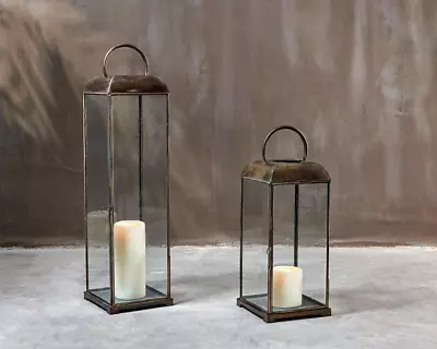 Buy Antique Brass Candle Lantern, Tall Slim Glass Arched Candle Holder, Kaso • 95£