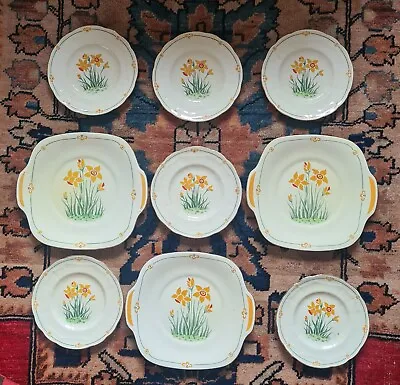 Buy Art Deco Crown Staffordshire Hand Painted Daffodils Plates Cake Plates 1930  • 80£