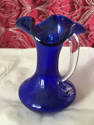 Buy Vintage Hand Blown Cobalt Blue Crackle Glass Ruffle Top Vase Collectable • 18.50£