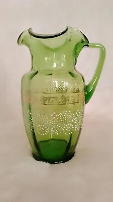 Buy Antique Victorian Green Glass Enameled Pitcher With Ruffled Edge • 45£