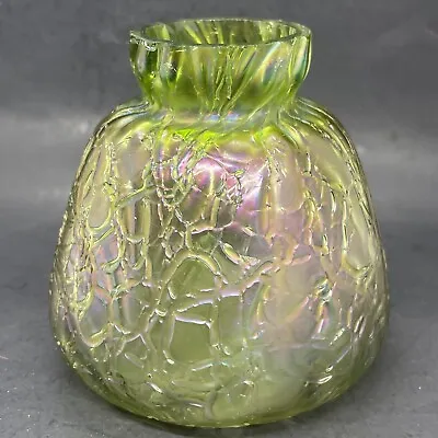 Buy Antique Kralik Art Nouveau Iridescent Green Crackle Textured Vase • 94.23£