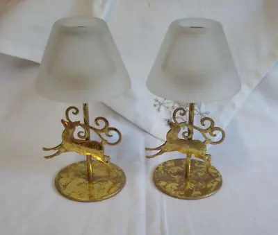 Buy Pair Of Reindeer Metal/glass Tealight Holders In Distressed Gold • 14£