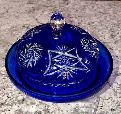 Buy Vintage Bohemian Cobalt Blue Glass Cut To Clear Pinwheel Covered Butter Dish • 94.32£