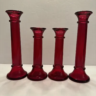 Buy 2 Pair Vintage Ruby Red Indiana Glass Candlestick Holders, Rosebud Vases 7” & 9” • 35.99£