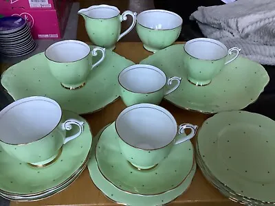 Buy Queen Anne China 19 Piece Tea Set Pale Green & Dark Green Dots. • 69.99£