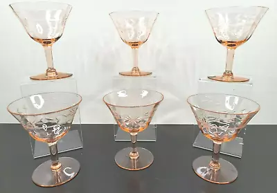 Buy 6 Pink Depression Floral Optic Champagne Sherbet Glasses Set Vintage Etched Lot • 76.82£