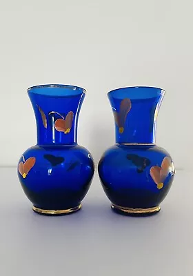 Buy Two Small Cobalt Blue Handpainted Floral Art Glass Vases • 8.09£