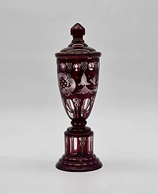 Buy Bohemian Hand Cut Ruby Red And Clear Crystal Glass Vase With Lid • 75.89£