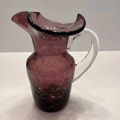 Buy BLENKO Small Amethyst Purple Crackle Glass Pitcher W/Clear Glass Handle. Vintage • 22.20£