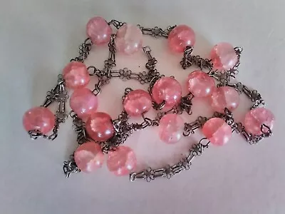Buy Vintage Opera Length Pink Crackle Glass Bead Decorative Chain Necklace • 25£
