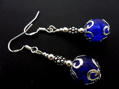 Buy A Pair Of Blue Crackle Glass Bead  Earrings With 925 Solid Silver Hooks. New. • 2.99£