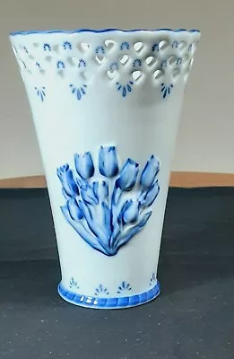 Buy Delftware Royal Twickel Blue Tulips White Pierced Vase Excellent Condition  • 16.08£