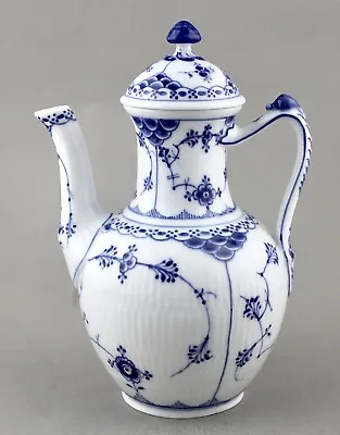 Buy Antique Royal Copenhagen Porcelain Blue Fluted Half Lace Coffee Pot 518 C.1900  • 84.50£