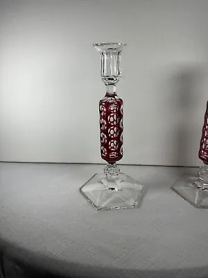 Buy VTG Bohemian Czech Ruby Red Crystal Cut To Clear Circular Glass Candlestick • 37.95£