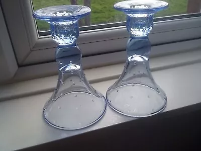 Buy Vintage Pair Of Blue Glass Candle Stick Holders.  Angled Wide Base. Art Deco. • 20£