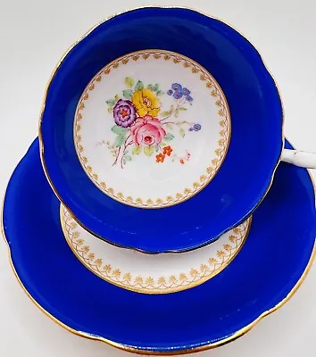 Buy Vintage Royal Grafton Bright Blue Gold Hand Painted Floral Cup & Saucer; Teacup • 38.60£