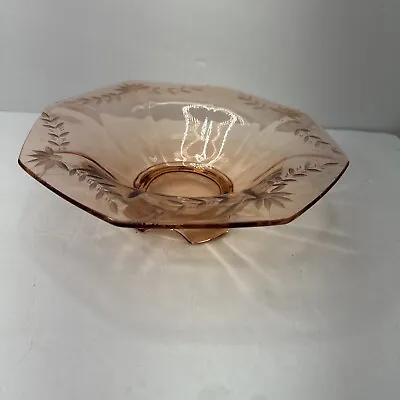 Buy Pink Footed Glass 10  Bowl Etched Daisy Flowers Depression Era   • 18.24£