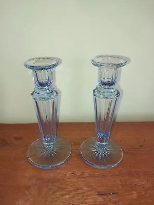 Buy Blue Glass  Vintage Art  Deco Candle Sticks 7 Inches Tall • 12.50£