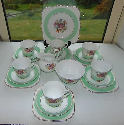 Buy Tuscan China Rh & SL Plant 21 PC Green Floral Cups Saucers Plates Jug C1940s • 38£