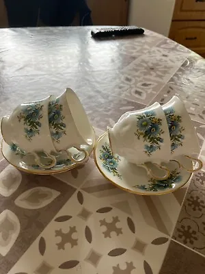 Buy Vintage Queen Anne Fine Bone China Blue Flower Daisy Teacup Cup Saucer Pair Set  • 5£