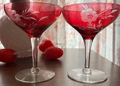 Buy 2 Mid-Century Ruby Red/Cranberry Crystal Daisy Champagne Goblets • 11.36£