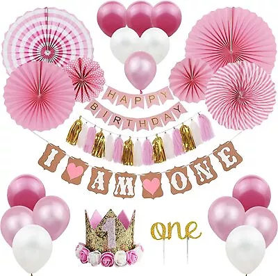Buy Birthday Party Cake Smash Kit,Girls Pink Theme Party Decor Set, Crown, Balloons • 12.74£