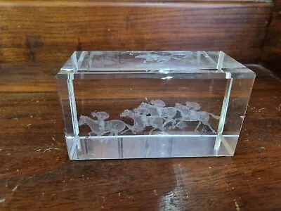 Buy Vintage 3D Laser Etched Glass Block Paperweight - Horse Racing Design • 13.50£