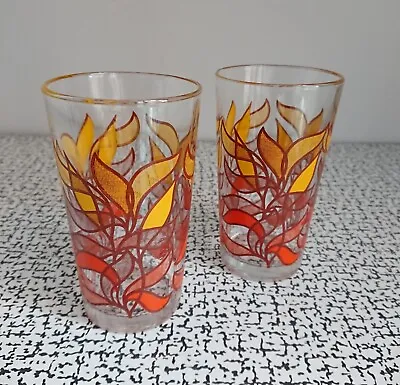 Buy 60s 70s Vintage Retro Pair Orange Yellow Abstract Drinking Glasses Tumblers MCM • 15£
