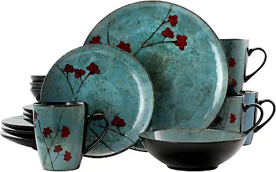 Buy Round Stoneware Floral Dinnerware Dish Set, 16 Piece, Blue With Red Accents • 70.02£