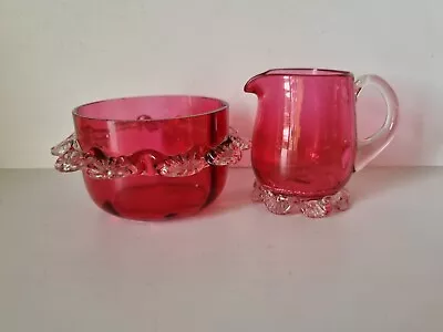 Buy Victorian Cranberry Glass Sugar Bowl & Milk Jug Creamer With Clear Glass Frill • 12£
