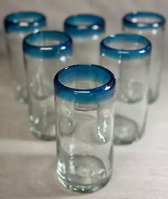 Buy Mexican Hand Blown W/Aqua Blue Rim Bar Liquor Drinking Glasses 6 Inch - Set Of 6 • 30.36£