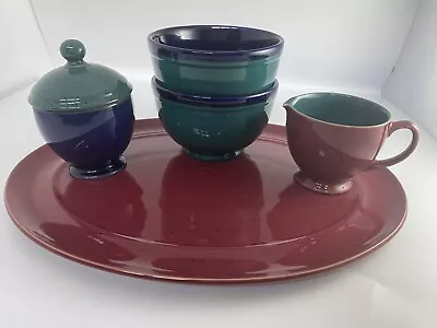 Buy Denby England Harlequin Red, Green And Blue Speckled Serving Tray Set W/ Bowls • 42.89£