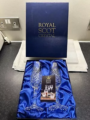 Buy ROYAL SCOT HAND CUT LEAD CRYSTAL CHAMPAGNE FLUTES X 2|NEW BOXED| • 69.99£