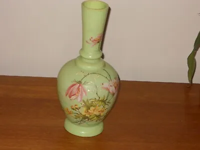 Buy Antique Victorian Green Glass Hand Painted Vase Decor • 14.99£