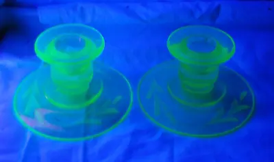 Buy Pair Vintage Etched Uranium Glass Candlestick Holders • 19.20£
