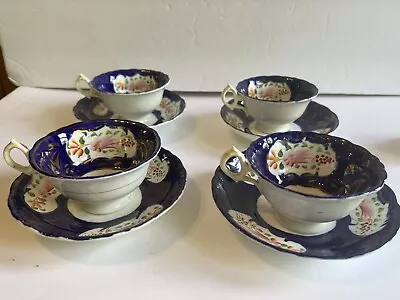 Buy Gaudy Welsh Imari Cups Saucers (4)Cobalt Flowers Porcelain England C19th Earthen • 168.42£