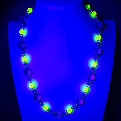 Buy Uranium Necklace Yellow Vaseline Glass And Cobalt Blue Beads Women`s Jewelry • 42.68£