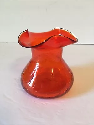 Buy Vintage Amberina Hand Blown Crackle Glass Ruffled Edge Small Vase 3.5”x 4” • 12.95£