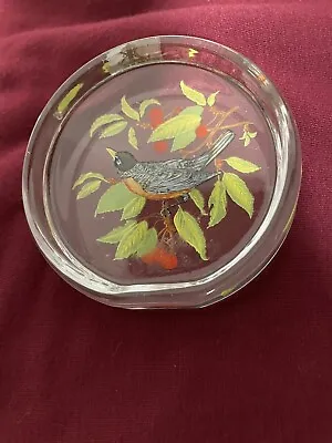 Buy Vintage Viking Round Clear Glass Hand Painted Bird Robin Paperweight • 20.91£