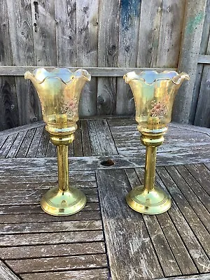 Buy Vintage - Brass Candle Stick Holders - Glass Swirl Hurricane Spring-loaded X 2 • 50£